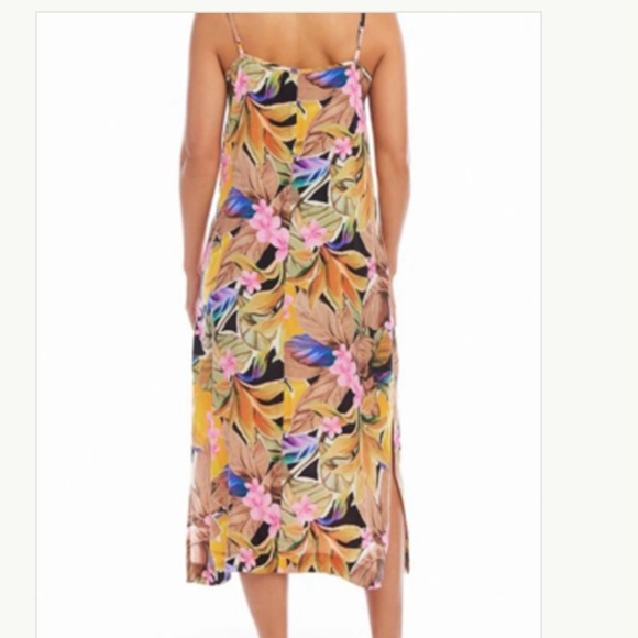 NWT Karen Kane Yellow Multi Tropical Print Side Slit Midi Dress Size XS - Picture 3 of 4